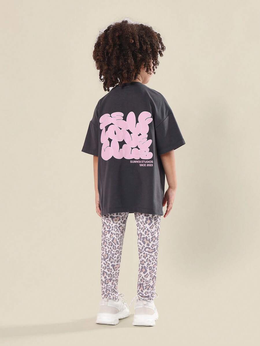 SUMWON Oversized Kids Self Love Collection T-Shirt Animal Print Leggings Set Casual Fall Winter Spring Outfit Casual Streetwear