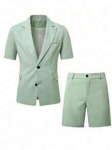 Calvornis Men's Summer Short-Sleeved Suits & Suit Shorts, Suitable For Daily Business Parties,Men's 2 Pieces Short Sleeve Blazer Top And Shorts Set, Casual Fashion Suitable For Daily Commuter Men's Daily Casual Summer Vacation Set, INS Best Seller, Solid Color Short Sleeve Single Breasted Blazer With Elastic Waistband. Perfect For Going Out And Daily Wear, And Features A Button Closure For A Stylish And Versatile Look. This Shirt Short Sleeve Shorts Set Is Perfect For Hawaiian Beach Vacations, Music Festivals, And Everyday Street Style. It Makes A Great Gift For Your Boyfriend Or Husband. Streetwear Men's Short Sleeve Shirt Men's Shirt Streetwear Men's Fashion Shirt Shorts Men's Fashion Shirt Men's Shirt Men's Suit Men's Shirt Set Men's Clothing Men's Shirt Summer Men's Shorts Set - Green - View 6
