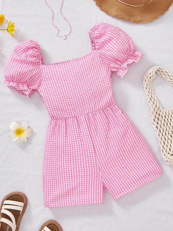 Girl's Plaid Print Square Neck Casual Short Sleeve Jumpsuit Girls Checkered Romper Pink Gingham Romper Girls Summer Romper Toddler Girl Romper Girls Puff Sleeve Romper Fall Winter