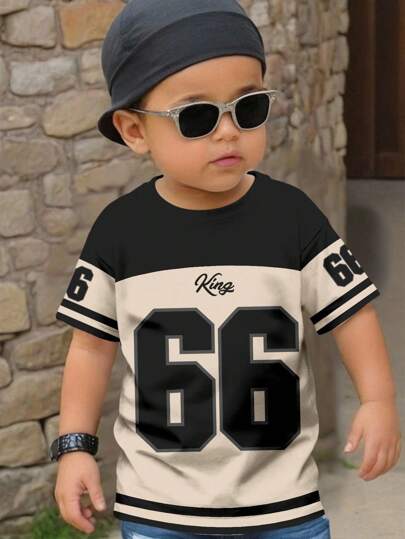 SHEIN Baby Boy Casual Minimalist Fashion Classic Baseball Sports Style, Color Block Patchwork, Number 66, King Text Graphic Print Comfortable Short Sleeve Round Neck T-Shirt, Suitable For Summer, Autumn/Winter