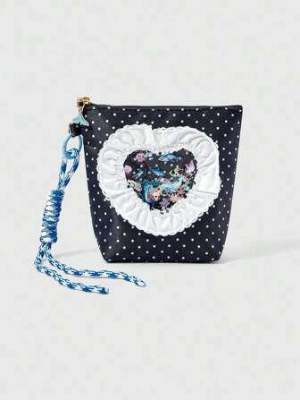 Fairycore حقيبة مستحضرات التجميل على شكل شبه منحرف مع تصميم بنقاط زرقاء وبحرية، مزينة بشريط دانتيل أبيض، سعة كبيرة وقابلة للحمل