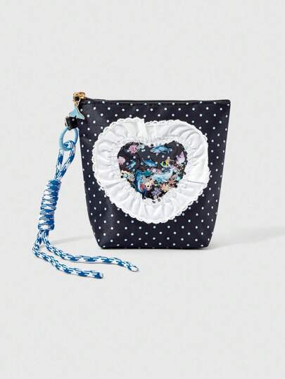 Fairycore White Lace Trim Blue Polka Dot Marine Life Pattern Trapezoid Cosmetic Bag, Large Capacity And Portable