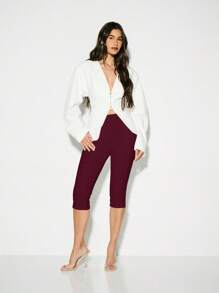 KIZN Premium Capri Leggings With Side Slit Cropped Length High Waist Stretch Fit Everyday Wear - Burgundy - View 4