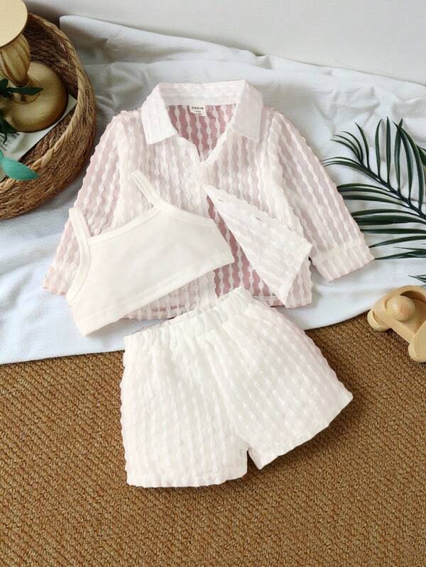 SHEIN Vintaside Kids Conjunto Bebê Menina Top De Alças Sólido & Shorts & Camisa Com Botões