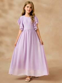 SHEIN Váy voan xếp nếp bồng bềnh cho bé gái, váy trang trọng cho phù dâu/phù dâu trong đám cưới, tiệc tùng, sinh nhật, biểu diễn - Màu tím hoa cà - Xem 3
