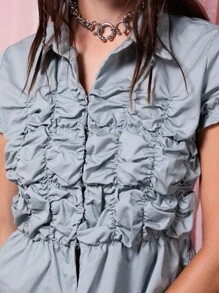 COUREZ 短袖褶皱衬衫/夏季上衣 Y2K 纯棉夏季女装 100% 棉 复古 - 藍色 - 查看 6