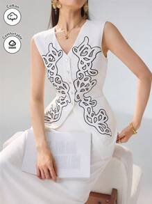 Heiryn 女士夏季优雅刺绣无袖衬衫 - 白色 - 查看 5