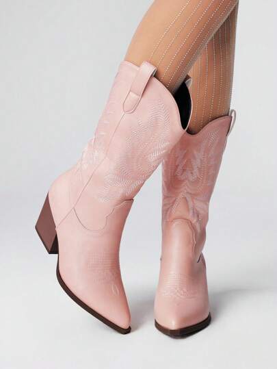 Fairycore Women's Autumn/Winter New Fashionable V-Cut Pointed Toe Embroidered Western Cowboy Boots With Thick Heels, Outdoor Slingback Mid-Calf Boots