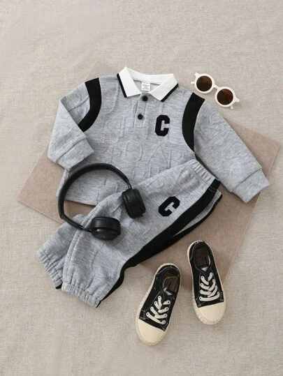 SHEIN Playful Pals 男婴休闲撞色提花纹理纽扣polo衫和松紧腰裤套装，2件套，适合通勤、上学、休闲、度假、运动、居家穿着，尺码6个月-3岁，男婴服装，婴儿服装，婴儿上衣，男婴冬季套装，婴儿男童服装，18-24个月男童服装，儿童男童服装，男婴服装，男婴polo衫和裤子套装，男婴服装，男婴套装，男婴秋季服装