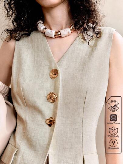 Arave 女士法式优雅无袖纯色亚麻腰背心，适合通勤