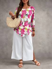 EMERY ROSE Plus Size 2 Pieces Set Floral Print Round Neck Double Ruffle Trim Blouse & Slit Hem Straight Leg Pants,White Autumn Boho Flowy Vacation Holiday Outfit - Multicolor - View 5