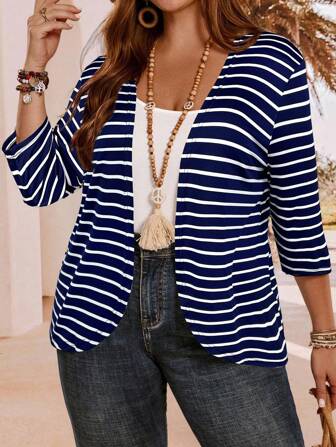 EMERY ROSE Plus Size Women Summer Vacation Striped 3/4 Sleeve Jacket,Fall Women Clothes,Plus Size Women's Summer Vacation Navy Blue Striped Three Quarter Sleeve Jacket,Summer Holiday,Vacation Outfits Women,Simple And Fashionable For Everyday Wear,Vacay Vibes,Springbreak,Casual Wear SS,Bohemia