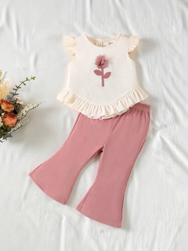 SHEIN Vintaside Kids Baby Girl 3D Floral Decor Cap Sleeve Top And Flared Pants Set