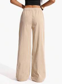 SHEIN ICON Women's Casual Solid Color Corduroy Drawstring Waist Loose Wide Leg Pants Fall Cloth For Women - Khaki - View 2
