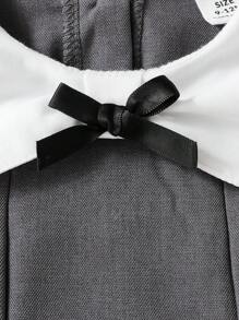 Souflis Souflis 女童白色荷叶边领蝴蝶结装饰泡泡袖和浅灰色 A 字裙，优雅可爱，适合休闲、上学、工作 - 灰色 - 查看 5