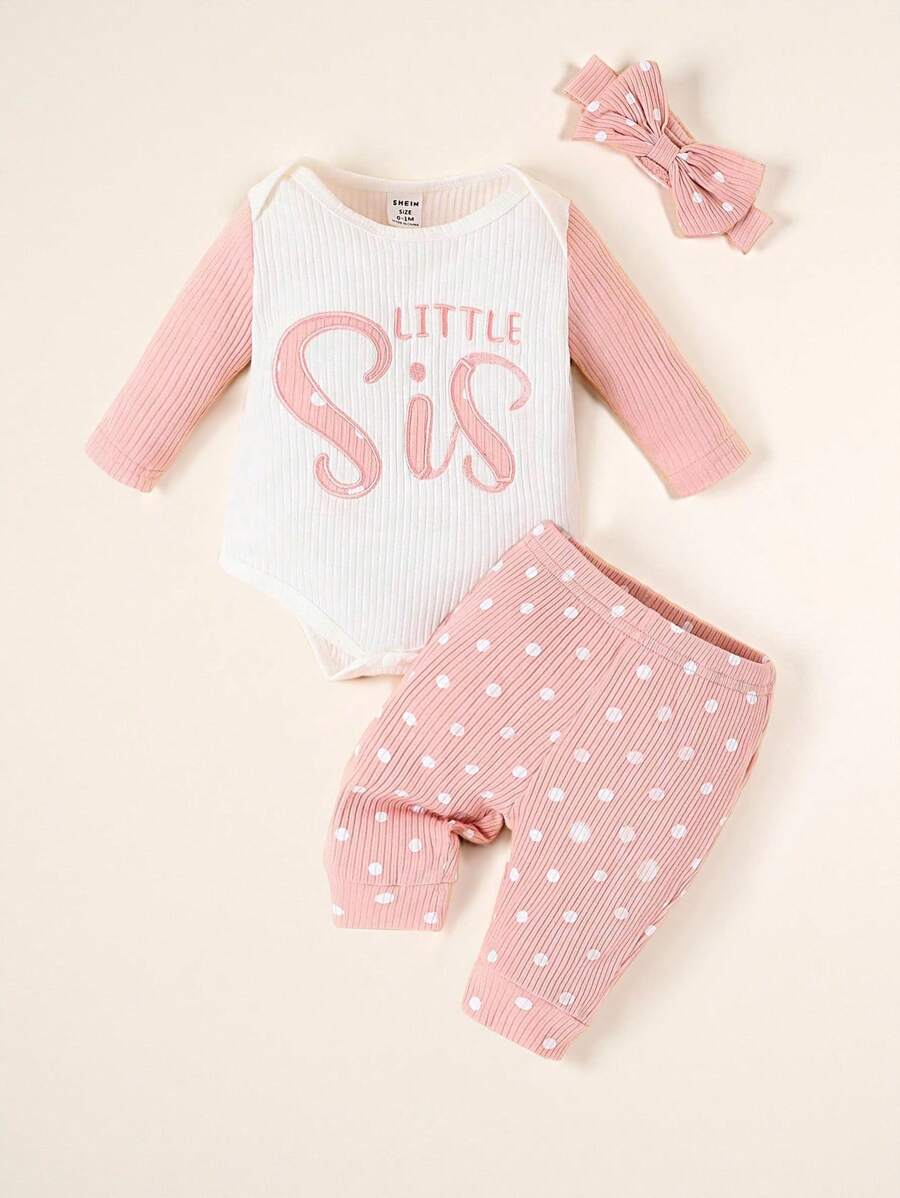 SHEIN 女嬰刺繡字母圖案連體衣和波點圖案長褲和頭巾 - 彩色 - 查看 1