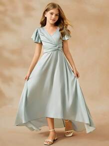 SHEIN Girls Big Tween Girl Bridesmaid V-Neck Short Sleeve Ruffle Hem High-Low Formal Dress, Fit For Weddings, Parties, Birthdays, Performances Fall Winter