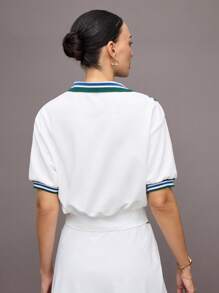 Activina 女士条纹短款泡泡袖休闲运动 Polo 衫