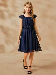 Girls Elegant Minimalist Scoop Neck Sleeveless High Waist Short Chiffon Floral Dress, Navy Blue