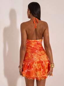 Opulessa 女式印花网眼挂脖迷你连衣裙，节日装扮 - 橘色 - 查看 5