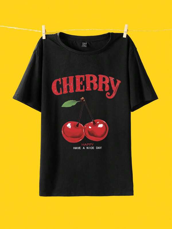 Tseoso Casual Simplistic Fruit Patterned Round Neck Plus Size Women's T-Shirt, Short Sleeves, Suitable For Summer CHERRY HAPPY HAVE A NICE DAY
