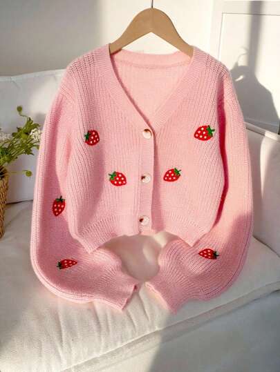 Sparklyn Fashionable And Versatile Cute Strawberry Embroidered Cardigan For Girls Strawberry Cardigan Strawberry Sweater Pink Cardigan Cute Cardigan Girl Cardigan Strawberry Clothes Girl Cardigan Sweater Pink Strawberry Cardigan Cute Pink Knitwear Cardigan With Strawberry Patches And V-Neck For Tween Girls Adorable Long Sleeve V-Neck Knit Cardigan In Pink With Playful Strawberry Design Short Drop Shoulder Pink Cardigan With Fruit Pattern And Tight Hem Ideal For Girls Strawberry Cardigan Kids Adorable Fall Winter