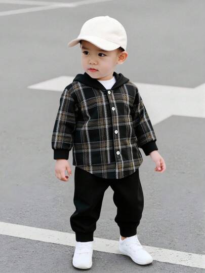 SHEIN Playful Pals 2pcs Baby Boys Spring/Autumn Casual Outfit Set - Black Base Green Plaid Patchwork Long Sleeve Hoodie Shirt Paired With Black Sports Pants, Suitable For Daily Wear, Leisure And Vacation, Size 6M-3T Baby Boy Plaid Outfit Checkered Outfit Baby Boy Plaid Shirt Outfit Baby Boy Plaid Hoodie Baby Boy Button Up Shirt Baby Set Autumn Winter Season Fall