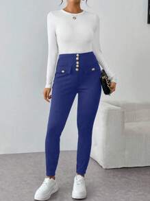 SHEIN Unity Women's Elastic High Waist Button Decor Skinny Pants Fall Cloth For Women - Blue Power - View 5