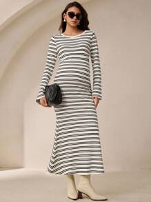 MaterniWear Maternity Office,Business Casual Fall,Autumn,Maternity Stripe Round Neck Long Sleeve Fishtail Hem Casual Dress Striped Maternity Dress Long Sleeve Striped Maxi Dress Maternity Maxi Dress Long Sleeve Maternity Dress Two Piece Maternity Set - Black and White - View 3