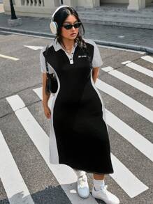 SHEIN EZwear 大码拼色收腰长款T恤连衣裙 - 黑色 - 查看 2