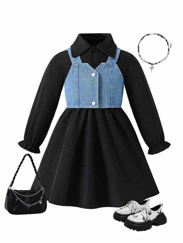 2pcs/Set Young Girls Denim Suspender Dress + Black Casual Dress, Versatile & Comfortable, Suitable For Daily Wear, Outdoor Play, Commuting, Schoolwear, Spring/Autumn