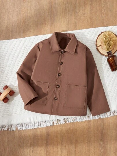  Blossori Young Boys French Collar Front Button Shirt Jacket Versatile Young Boys Brown Polyester Long Sleeve Jacket. This Casual Button-Up Outerwear Features A Smart Collar And Practical Front Pockets For Everyday Style.,In Fall/Winter