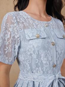 DAZY 女士优雅蕾丝圆领系带中长连衣裙，夏季，正式女士连衣裙 - 藍色 - 查看 1