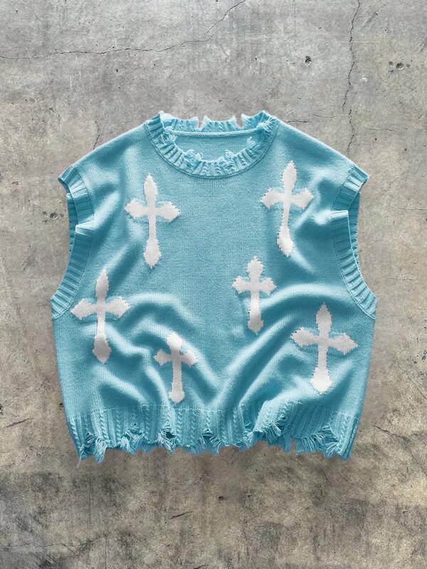 AXEPEAK Chaleco de punto con cuello redondo y bajo con flecos con estampado de cruz para hombre