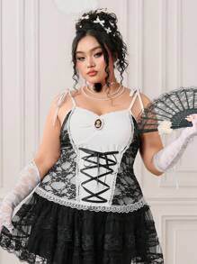 ROMWE EDITION Plus Size Women Contrast Lace Tie Waist Bodycon Camisole Top - Black and White - View 9