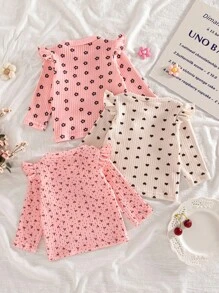 SHEIN 3pcs/Set Baby Girl Soft And Comfortable Skin-Friendly Allover Ruffled Cuff Allover Print Long Sleeve Baby Girl Clothes