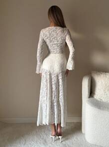 SHEIN ICON Áo len cardigan dài tay loe ren hoa đơn hàng khuy đơn cho nữ - Màu be - Xem 2