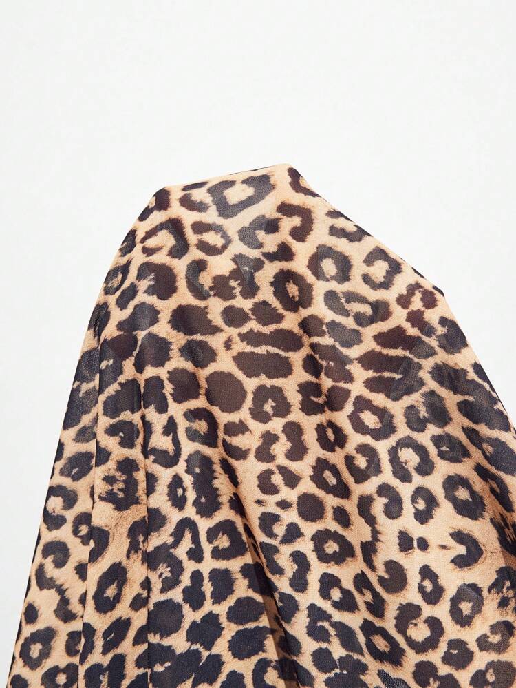 SHEIN Maija Women's Vacation Leopard Print Tie Neck Flare Sleeve Chiffon Dress, Vintage, Western Wear Women