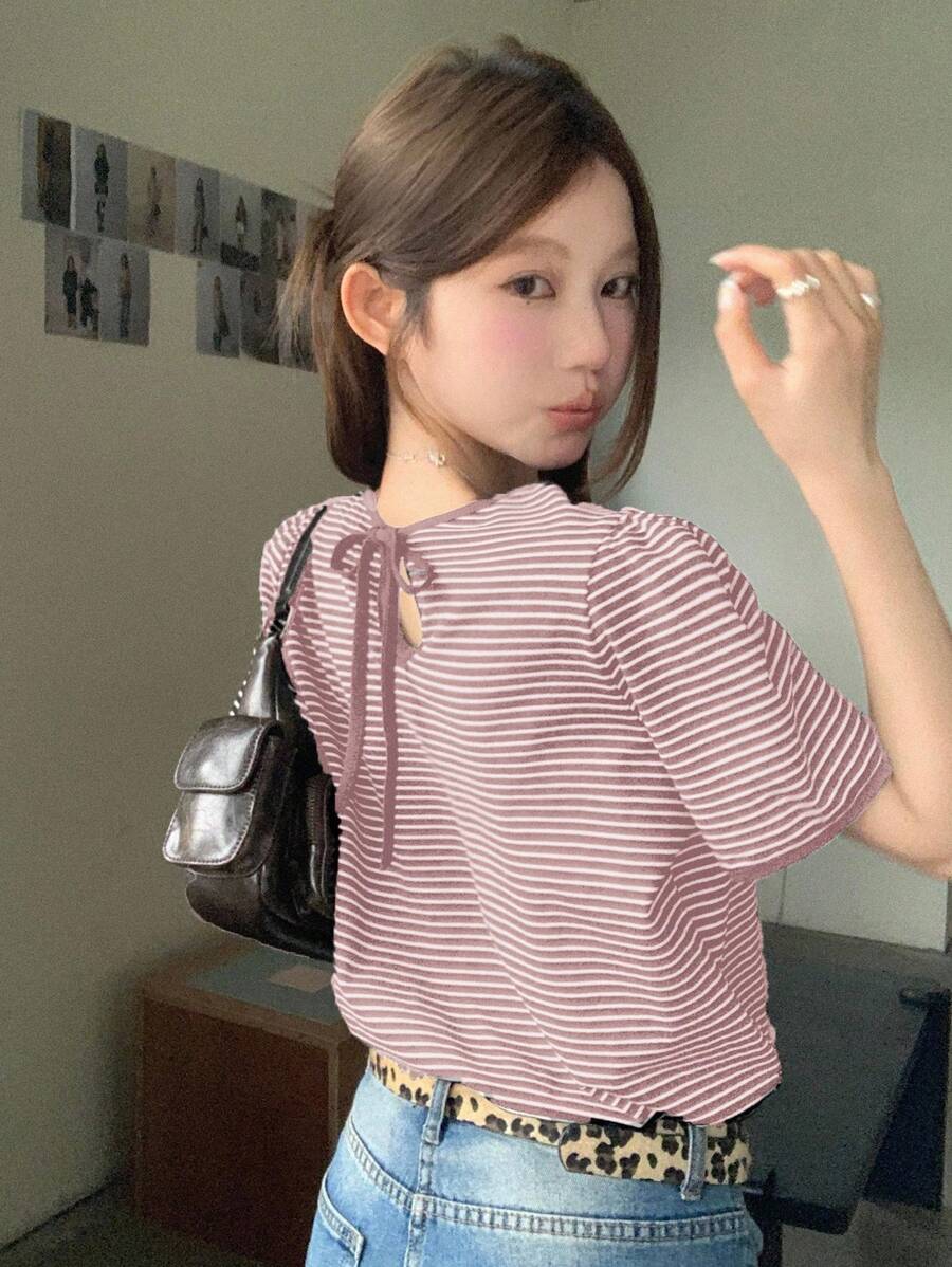 DAZY 女式夏季露背系带V领条纹休闲短袖T恤 - 粉色 - 查看 1