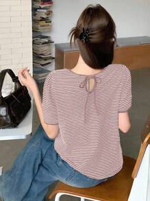 DAZY 女式夏季露背系带V领条纹休闲短袖T恤 - 粉色 - 查看 4