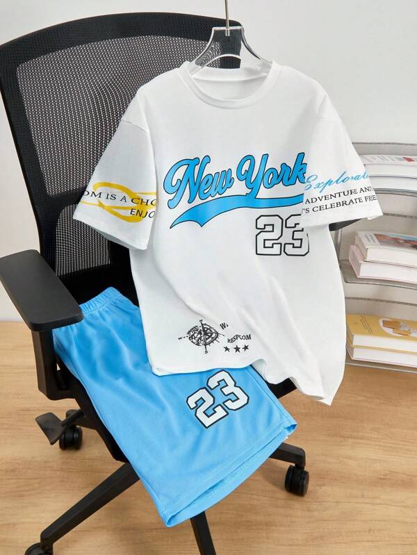 Tween BoyCasual Sports Jersey Printed T-Shirt Set, Suitable For Leisure & Sport Wear