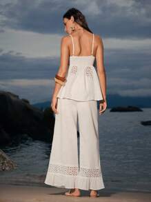 Lumivelle Women's Summer Vacation Style Lace Patchwork Camisole Cover Up Set - Beige - View 2