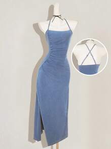 SHEIN MOD Vestido midi elegante de jean con tirantes de espagueti fruncido y de unicolor