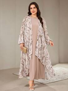 Veilorie Plus Size Women Full Print Long Coat & Sleeveless Dress 2-Piece Arab Style Suit - Multicolor - View 4