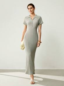 Uhlyne Women Textured Elegant Fitted Knit Dress, Autumn - Green - View 3