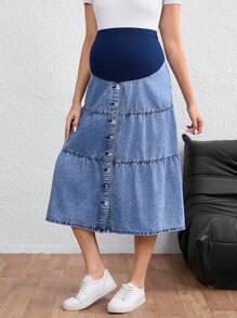 SHEIN Adjustable Waist Single-Breasted Casual Denim Skirt For Pregnant Women - Dark Wash - View 3