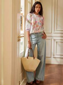 Écloséra بلوزة أنيقة وأنيقة بطبعات التطريز الرجعية بياقة مستديرة وأكمام ثلاثية الأرباع، مناسبة للعطلات والمعلمين والحفلات الريفية والمكتب والخروج والعودة إلى المدرسة