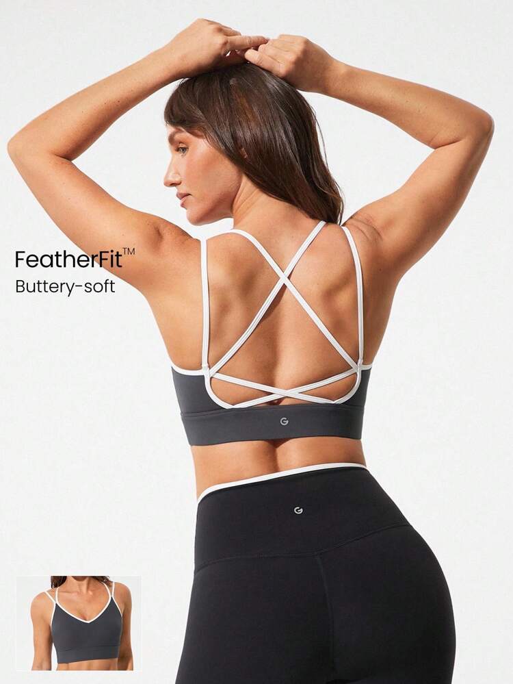 FeatherFit™ Move Easy Sweat-Wicking Stretchy Cropped U-Shaped Crisscross Back Straps Removable Cups Contrast Color Sports Bra Low-Impact Yoga Pilates Barre Studio Daily Casual Wear  Spring Summer
