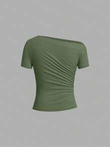 Ellevyn 嘉年华多色褶皱不对称肩短袖弹力针织纯色T恤上衣，女士优雅春夏款 - 橄欖綠 - 查看 4