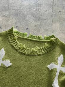 AXEPEAK Men's Cross Print Round Neck Fringed Knitted Vest - Army Green - View 3